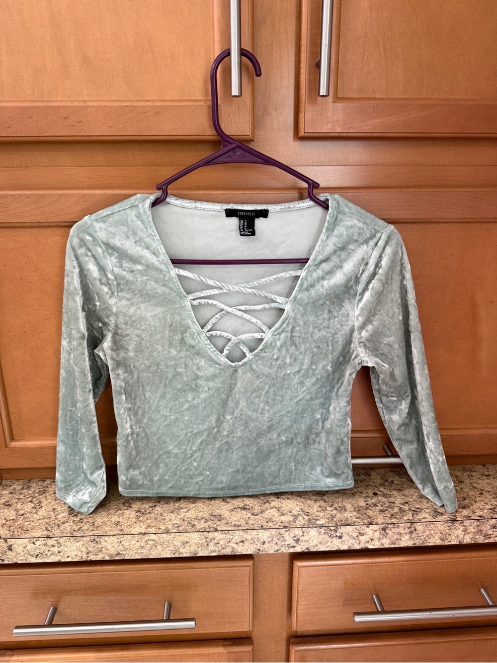 Forever 21 Crisscross Velvet Long-Sleeve Top in Sage Green